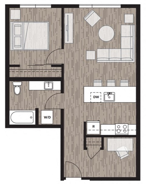 a floor plan of a small apartment at Riverfront Everett, Everett, WA, 98101